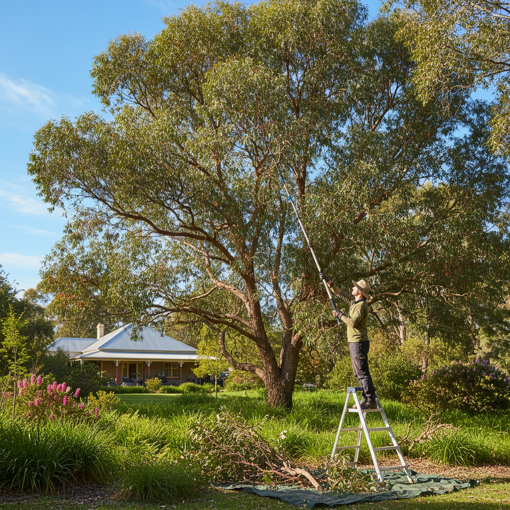 Gardener trimming a tall leafy tree