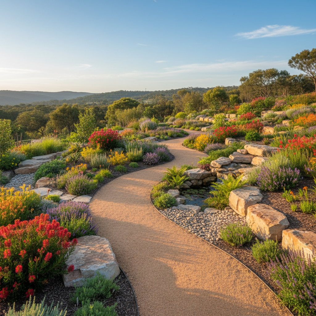 Beautifully designed landscaped garden with curved paths