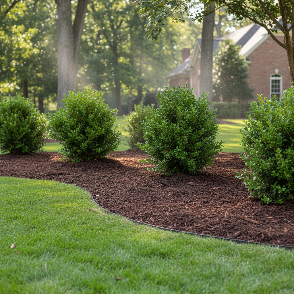 Freshly mulched garden bed around green shrubs