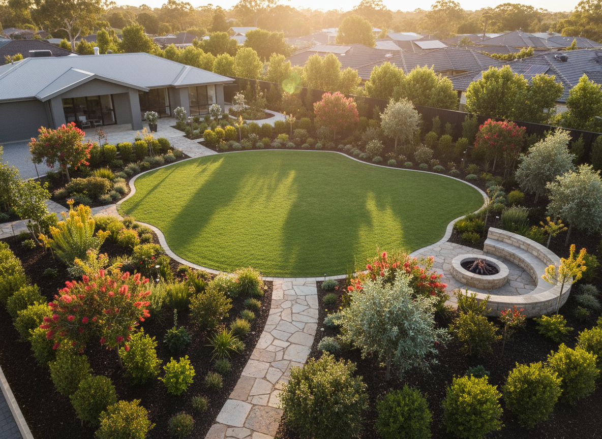Manicured Australian residential garden with lush green lawn