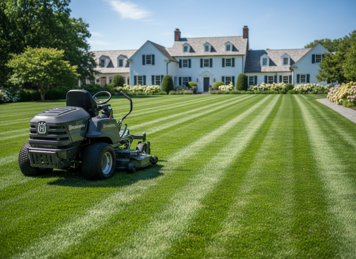 Freshly mowed striped green lawn with a professional lawn mower, crisp clean lines, bright natural daylight, professional gardening photography