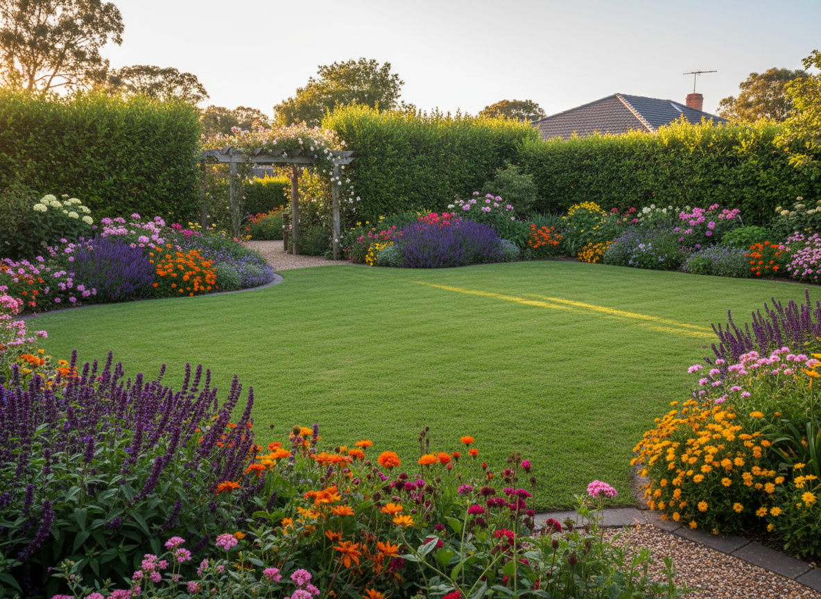 A beautifully maintained residential garden with manicured lawn and flowering beds