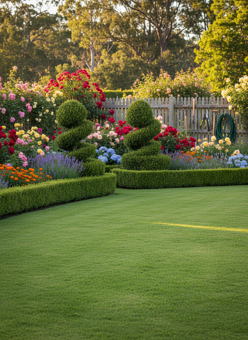 A beautiful, well-maintained garden in Ballarat Australia, showing lush green lawn, neatly trimmed hedges, colorful flower beds, and garden tools leaning against a fence. Warm natural lighting, no people visible. Professional gardening service aesthetic.
