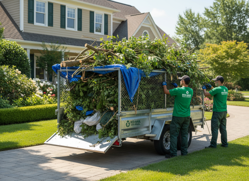 Green garden waste and branches loaded in a trailer ready for removal, tidy yard, professional rubbish removal, photorealistic