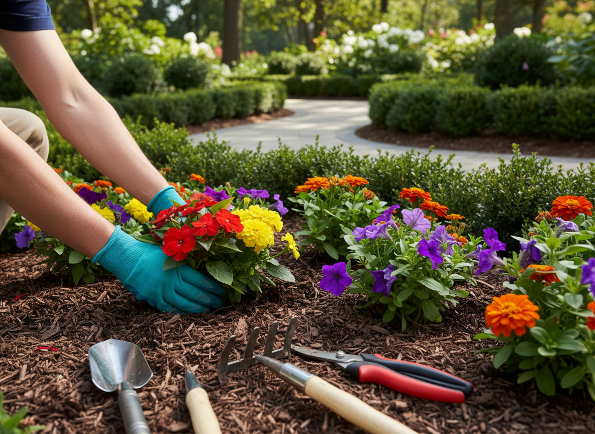 Gardener planting flowers in a freshly designed garden bed