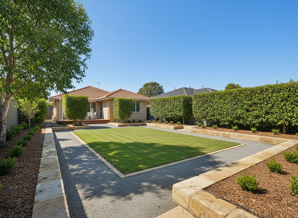 A beautifully cleaned up rental property garden after end of lease service, neat lawn, trimmed hedges, cleared garden beds, tidy pathways, Australian suburban home, bright natural light